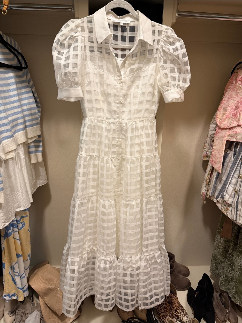 English Factory White Gingham Puff-Sleeve Tiered Maxi Dress
